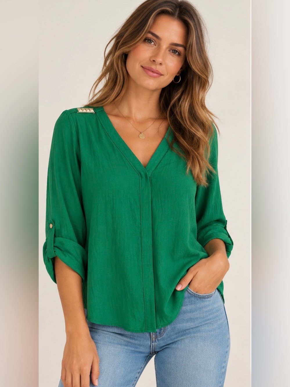 Zara Basic Emerald Green Gold Stud V-Neck Roll Tab Sleeve Blouse Sz Large 💚